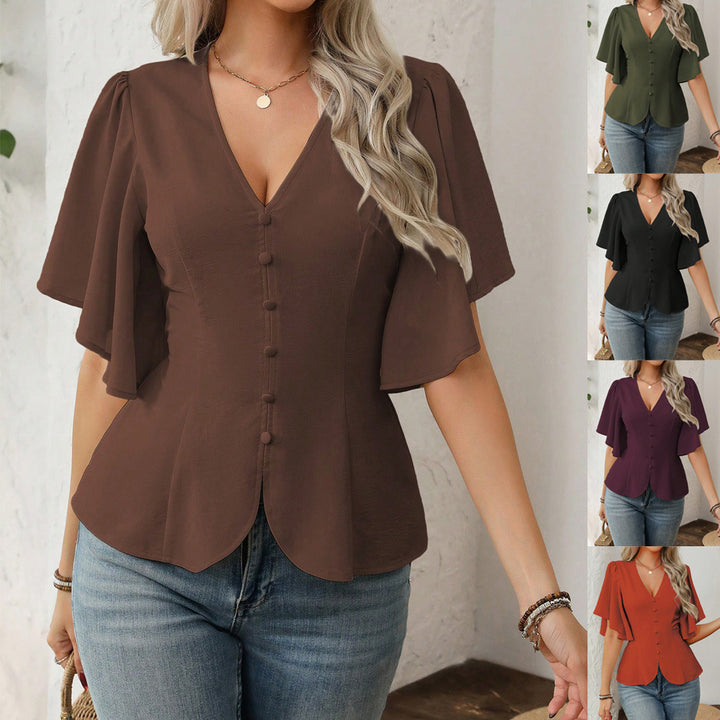 Ladies V-neck tailored blouse with peplum and flounce sleeves Mune Fashion