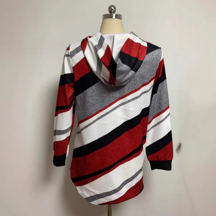 Women's longline hoodie jacket with diagonal stripe pattern, ring zipper and side pockets Mune Fashion
