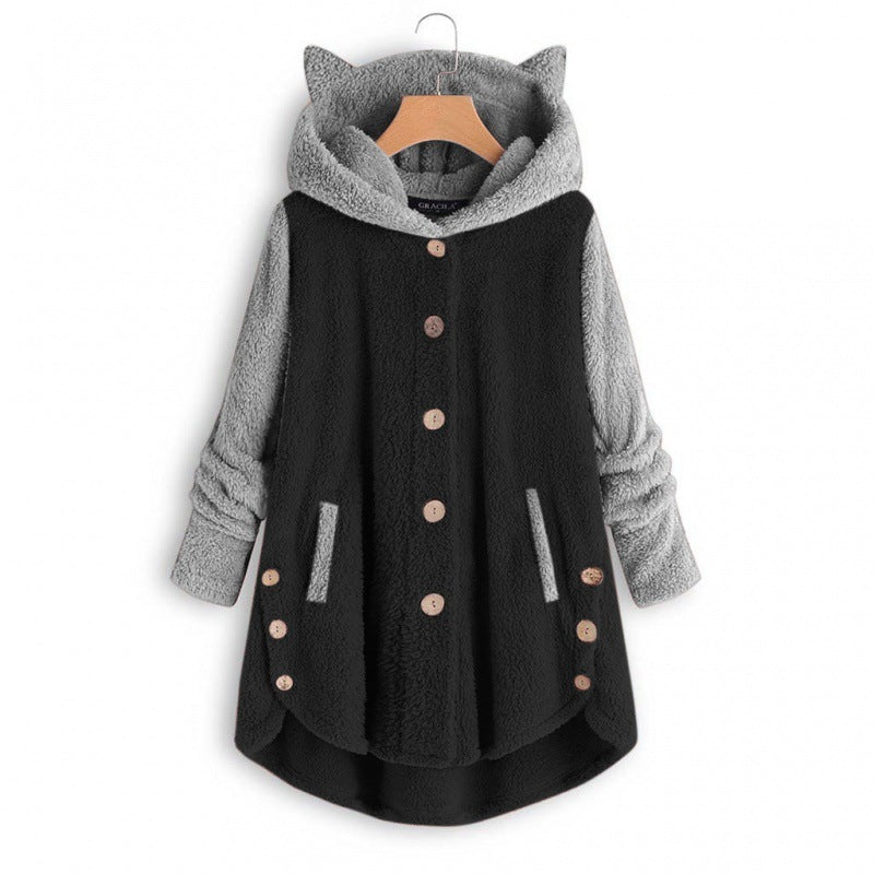 Women's Cozy Hooded Teddy Jacket with Cat Ears, Wooden Button Details and High-Low Hem Mune Fashion