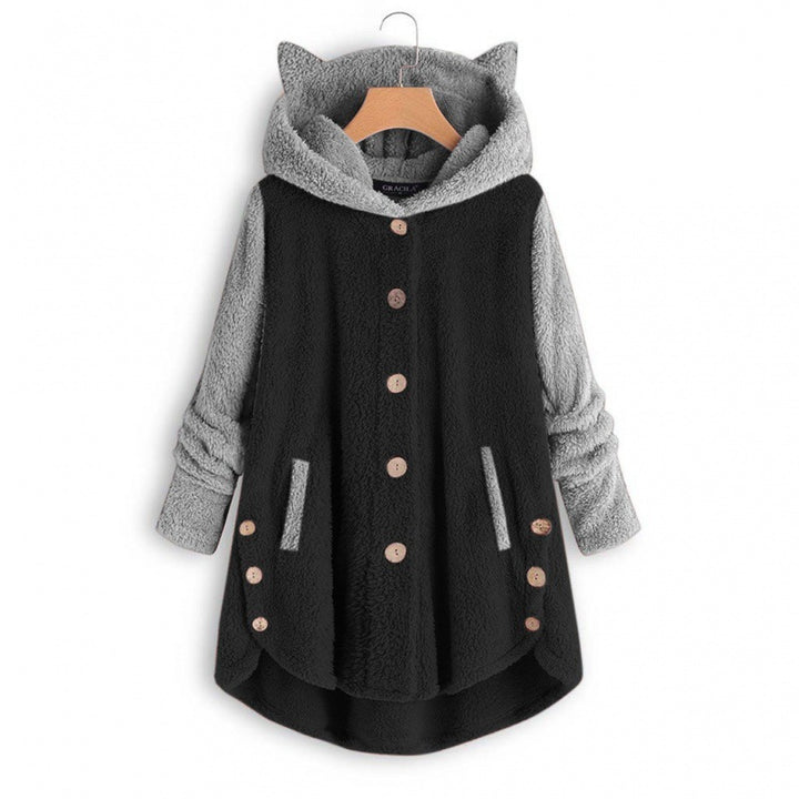 Women's Cozy Hooded Teddy Jacket with Cat Ears, Wooden Button Details and High-Low Hem Mune Fashion