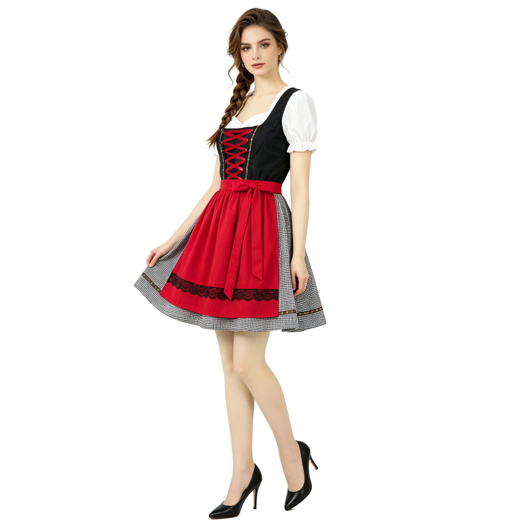 Ladies nan short traditional dirndl dress with laced bodice, puff sleeve blouse and attached apron Mune Fashion