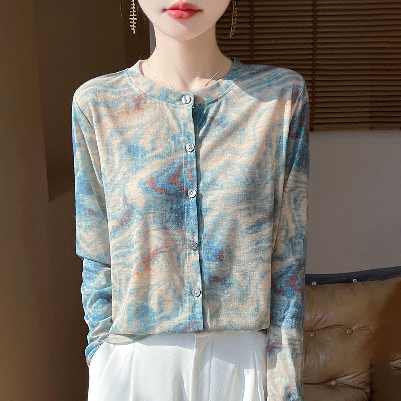 Ladies Lightweight Watercolor Print Fine Knit Cardigan with Round Neck and Button Placket Mune Fashion