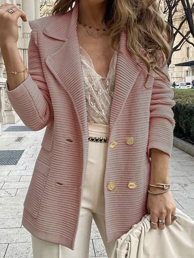 Women Structured Knit Blazer with Lapel Collar and Double Button Placket Mune Fashion