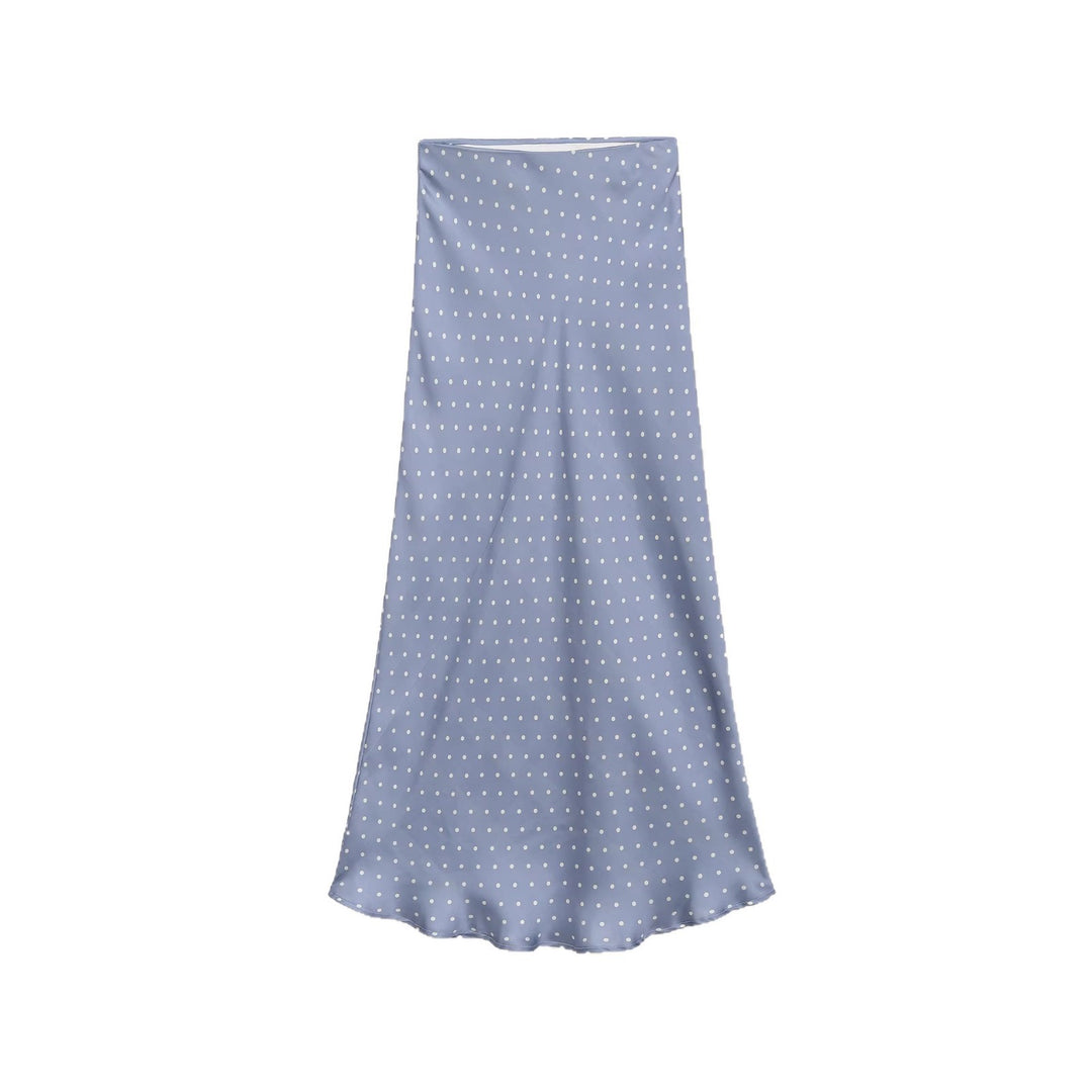 Women's midi skirt made of satin in A-line cut with high waist and polka dot print Mune Fashion