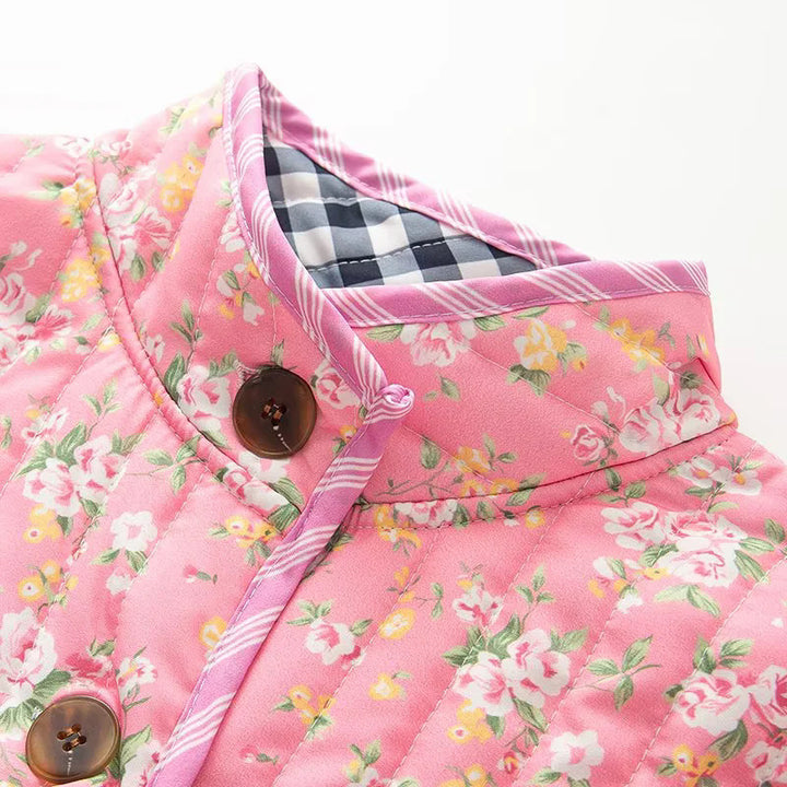 Women's non-quilted patchwork quilt jacket with stand-up collar, large decorative buttons, and patch pockets Mune Fashion