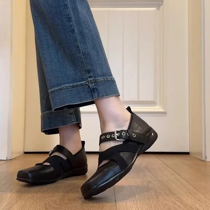 Women's Mary Jane slippers with square toe, crossed elastic straps and decorative strap Mune Fashion