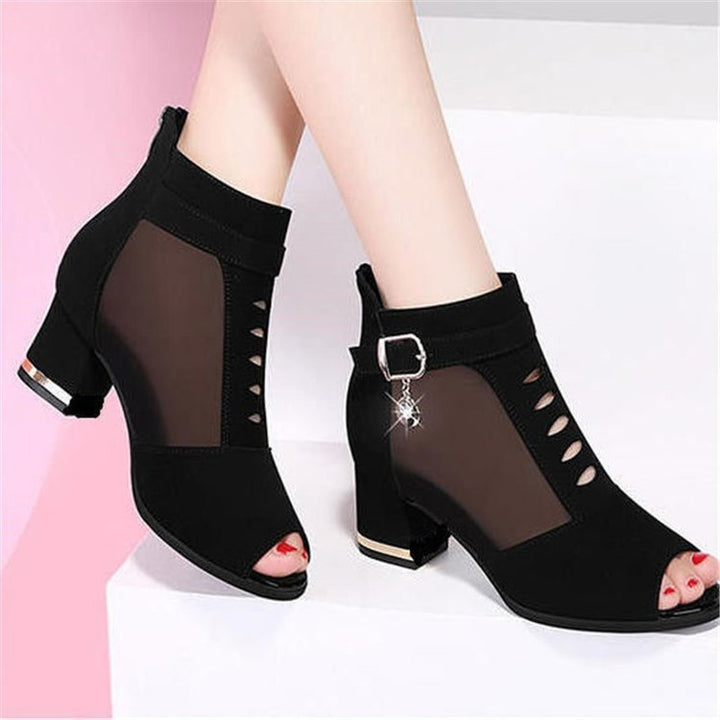 Women's Peep-Toe Ankle Boot with Transparent Mesh Inserts, Cut-Out Details, Decorative Buckle and Medium Block Heel Mune Fashion