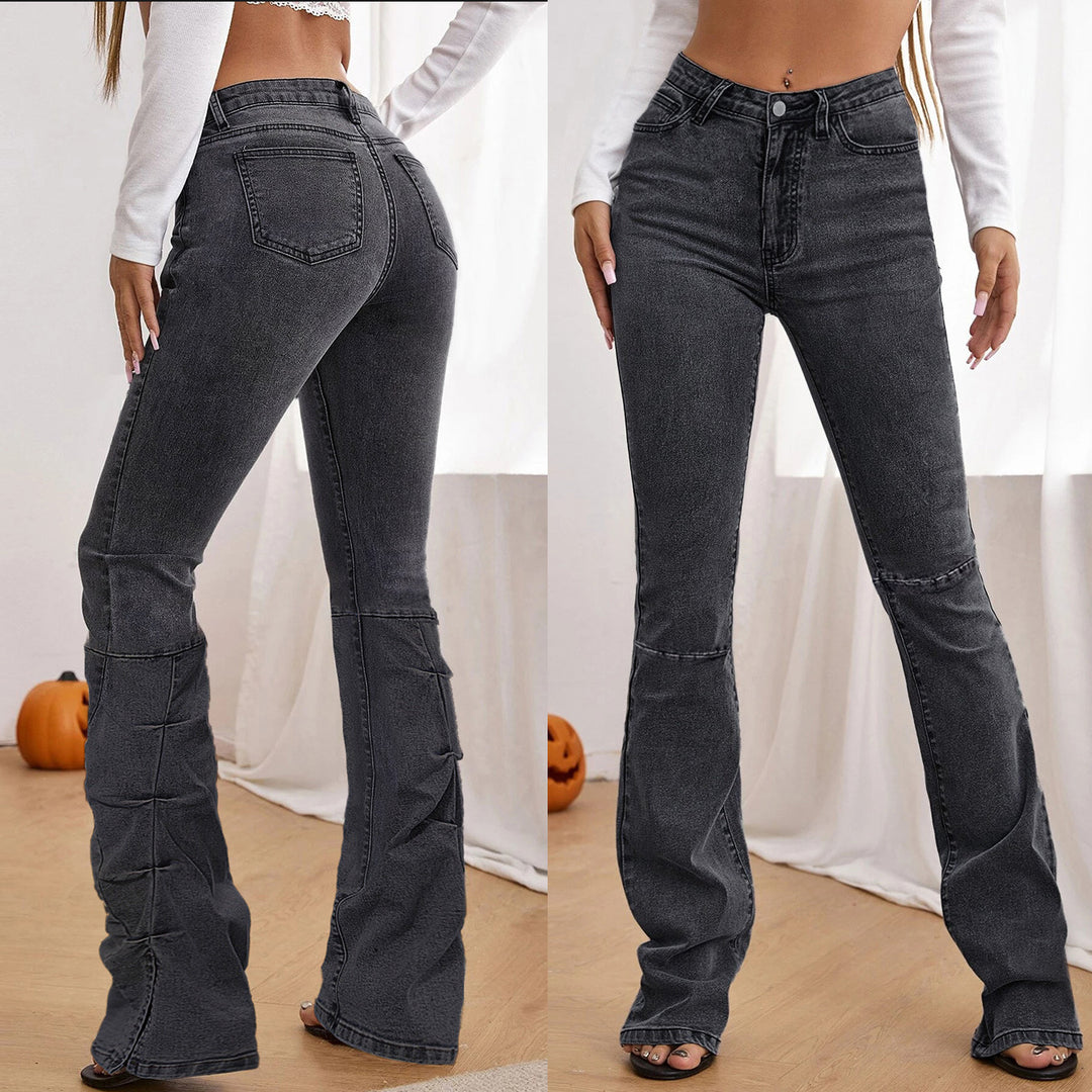 Ladies High-Waisted Denim Pants in Sculpting Straight with Knee Slits Mune Fashion