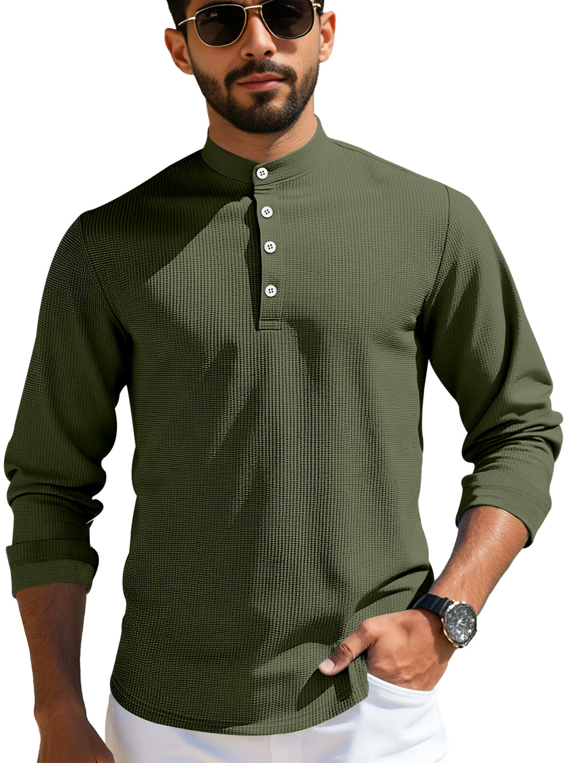 Men's structured long-sleeve henley with Nehru collar and tone-on-tone button placket Mune Fashion