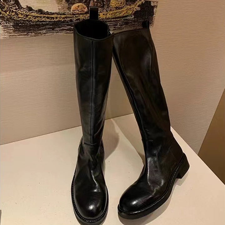 Women Knee-high Smooth Leather Boots with Hidden Zipper and Shock-absorbing Outsole Mune Fashion