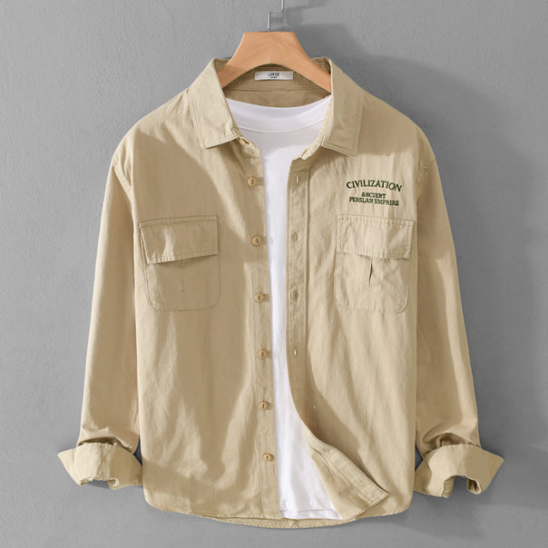 Men's Military-Inspired Overshirt with Double Chest Pockets and Subtle Embroidery Mune Fashion