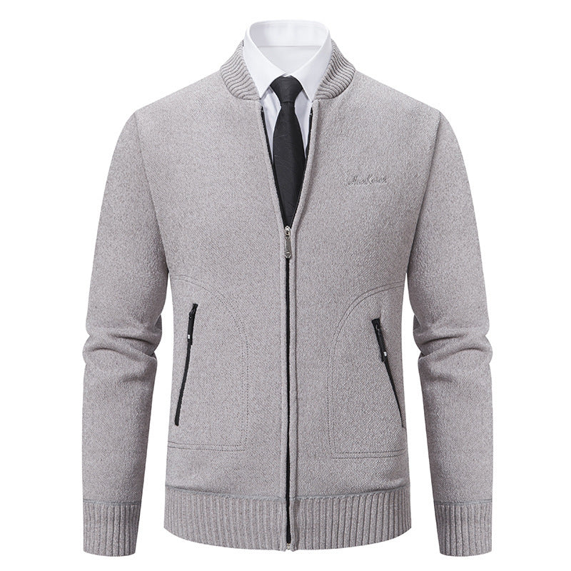 Men's lightweight business knit cardigan with concealed front zipper, zippered pockets, and ribbed hem Mune Fashion