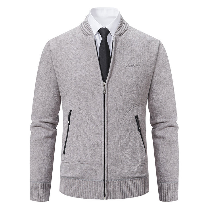 Men's lightweight business knit cardigan with concealed front zipper, zippered pockets, and ribbed hem Mune Fashion