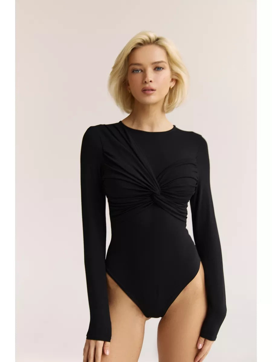 Ladies Figure-hugging Long-sleeve Bodysuit with Twist Detail and Round Neckline Mune Fashion