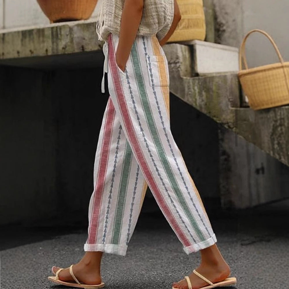 Women's Wide Linen Pants with Striped Pattern Mune Fashion