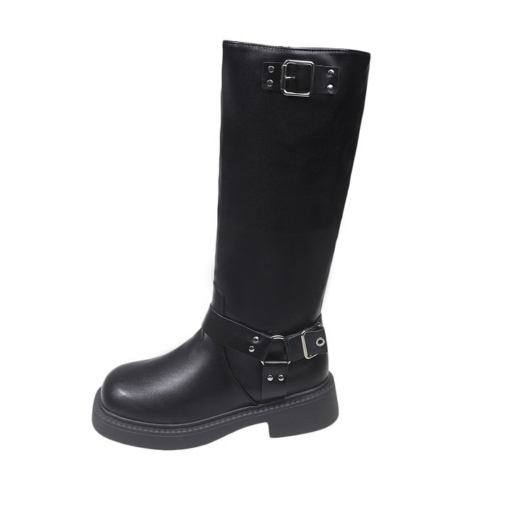 Ladies Knee-High Biker Boots with Side Zipper and Decorative Buckles Mune Fashion