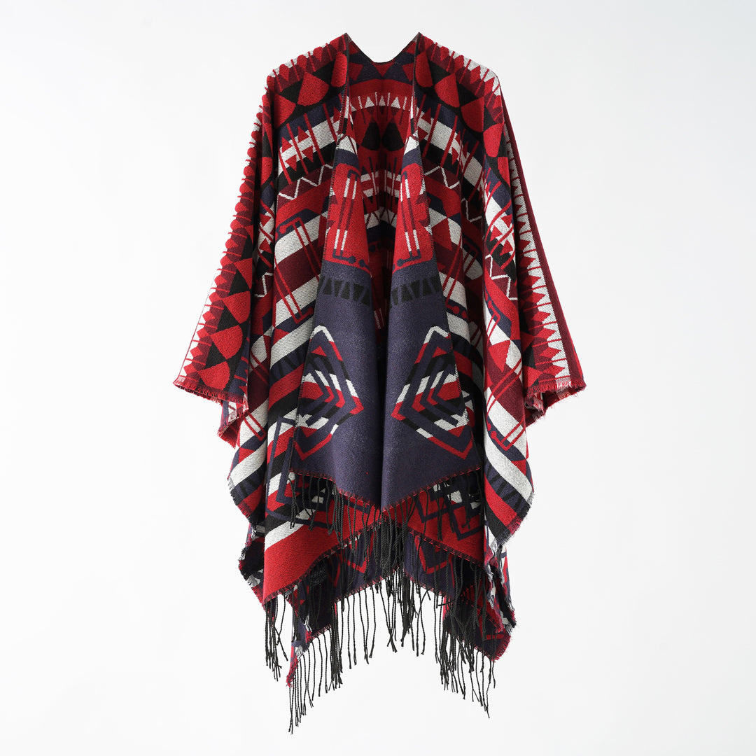 Women Woven Fringe Poncho with Ethno-Jacquard and Oversized Drop Mune Fashion