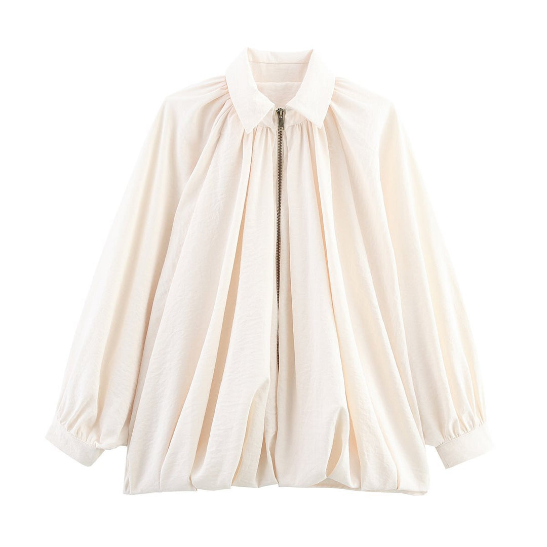 Women's Oversized Shirt Blouse with Zipper, Ruffles and Balloon Sleeves Mune Fashion