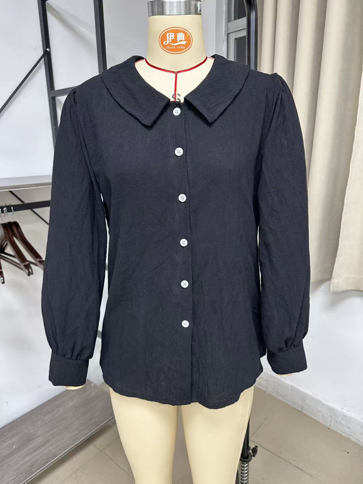 Women Loose Fit Blouse with Round Collar, Puff Sleeves and Pearl Button Placket Mune Fashion