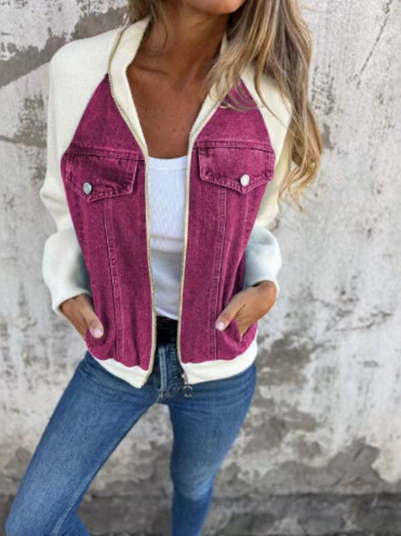 Women's Sweat-Jeans-Bomber Jacket with Raglan Sleeves, Breast Pockets, and Zipper Mune Fashion
