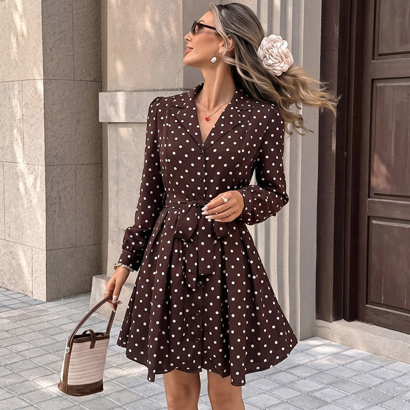 Women's Polka Dot Shirt Dress with Waist Belt and Swinging A-Line Mune Fashion