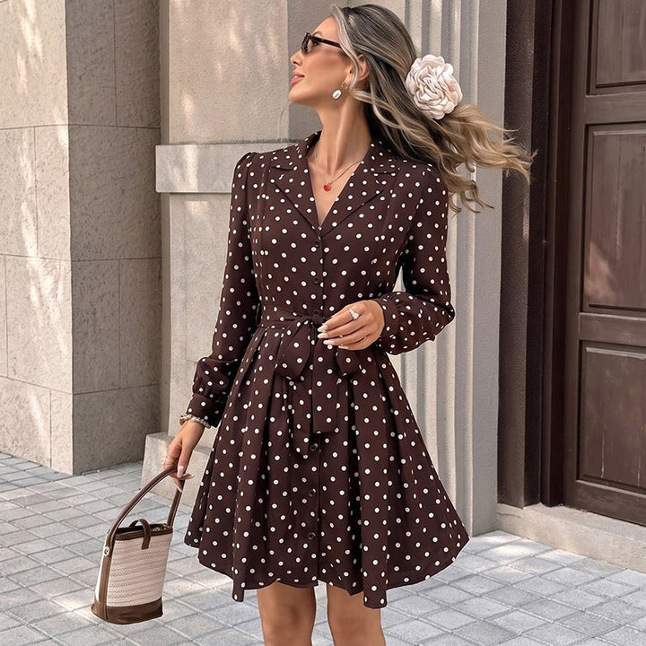 Women's Polka Dot Shirt Dress with Waist Belt and Swinging A-Line Mune Fashion