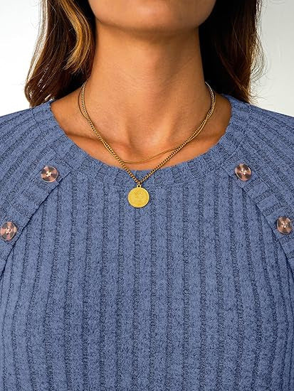 Women Ribbed Round Neck Sweater with Decorative Shoulder Buttons Mune Fashion