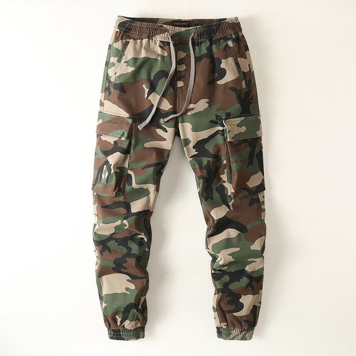 Men's Slim-Fit Cargo Pants in Camouflage Pattern with Elastic Drawstring Waistband and Reinforced Knees Mune Fashion