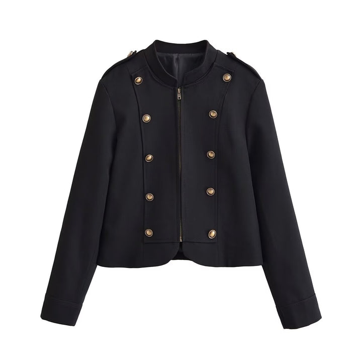 Women's Short Military Jacket with Stand-Up Collar and Double Decorative Button Placket Mune Fashion