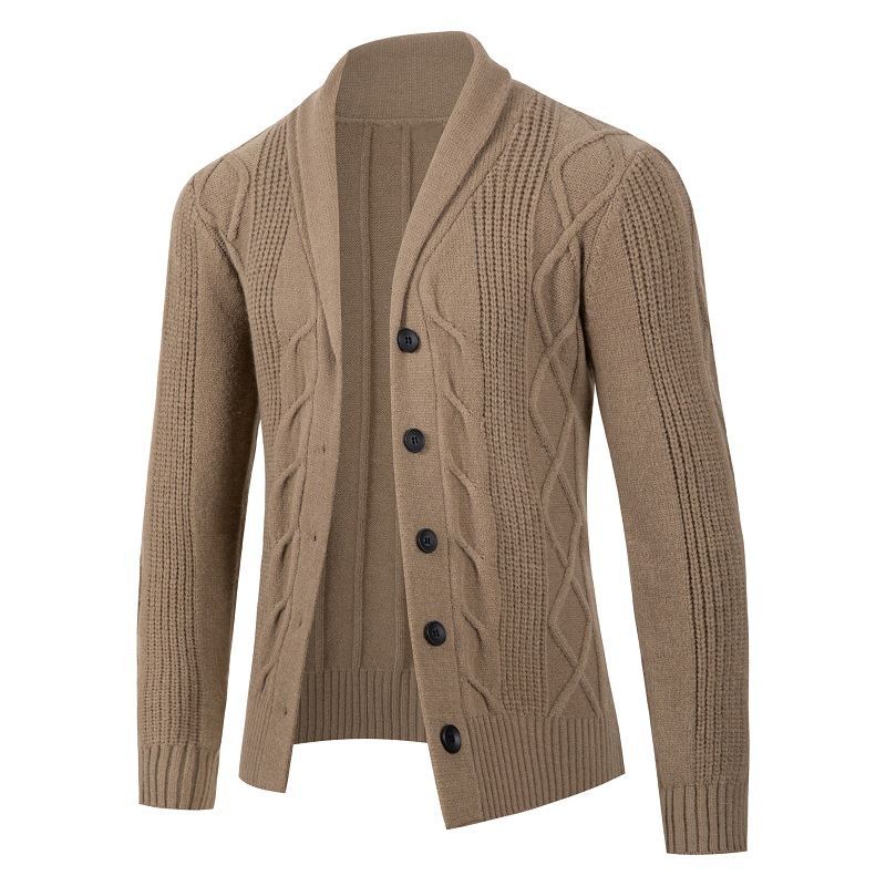 Men's Cable Knit Cardigan with Shawl Collar and Button Placket Mune Fashion