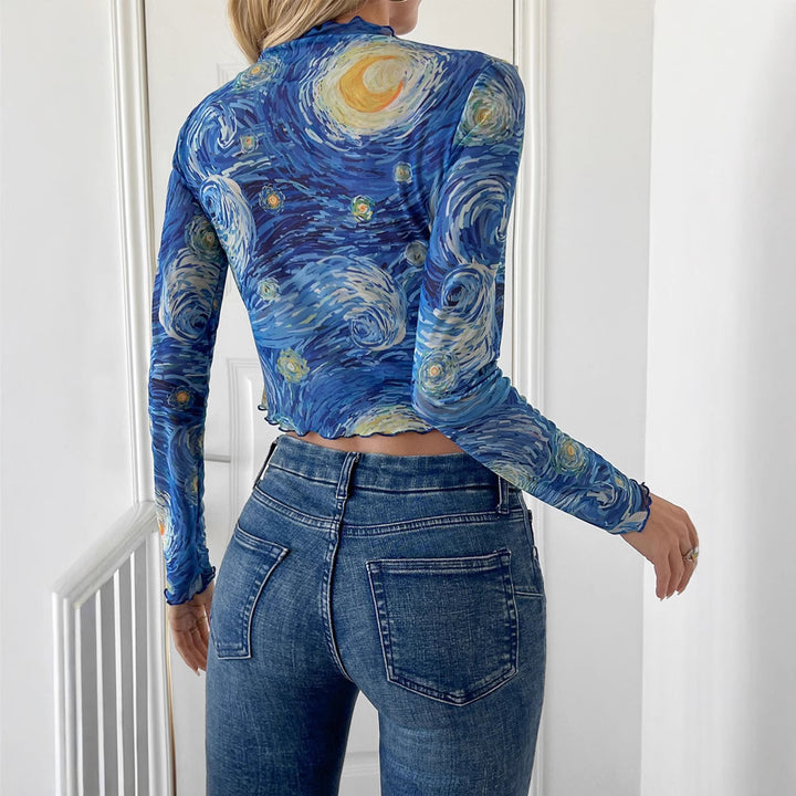 Women's a tight-fitting crop net shirt with stand-up collar and wavy hem Mune Fashion