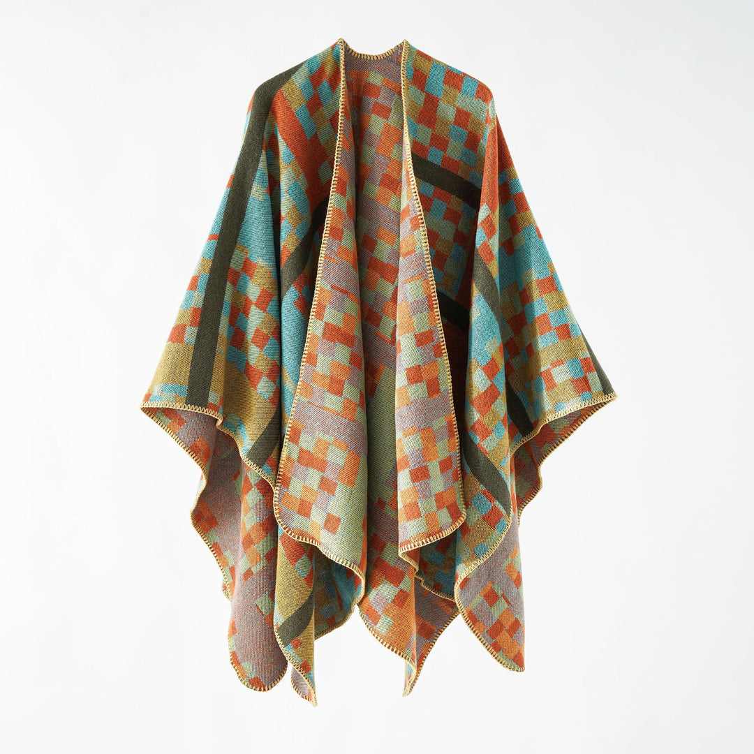 Ladies Kastiger Web Poncho with graphic jacquard and fringe edge Mune Fashion