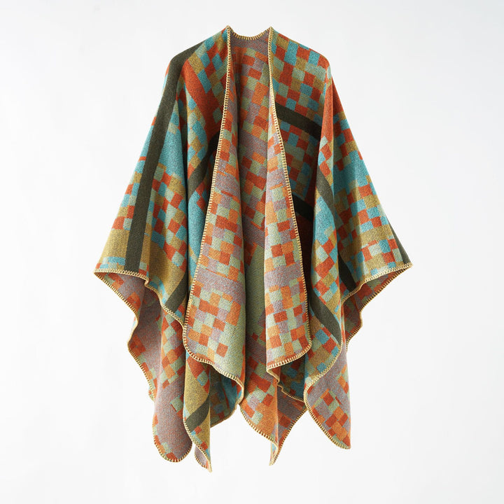 Ladies Kastiger Web Poncho with graphic jacquard and fringe edge Mune Fashion