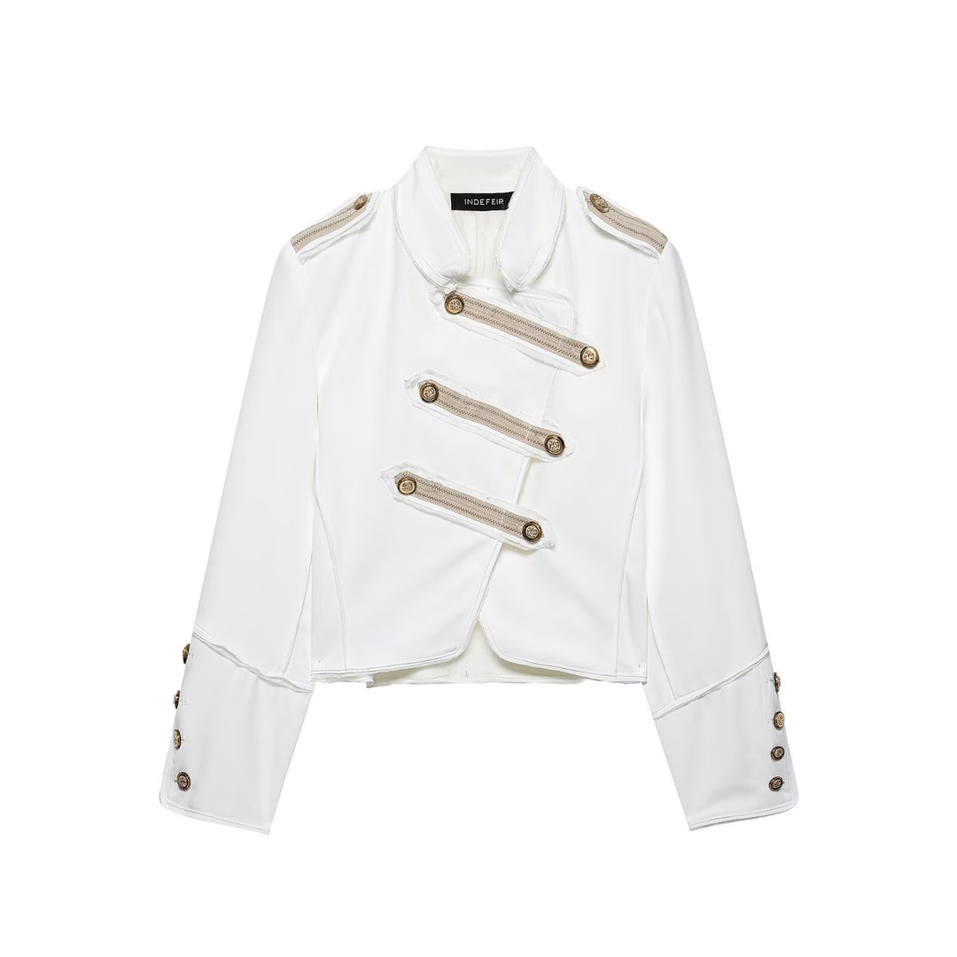 Ladies short-cut military-inspired blazer with decorative button plackets and epaulettes Mune Fashion