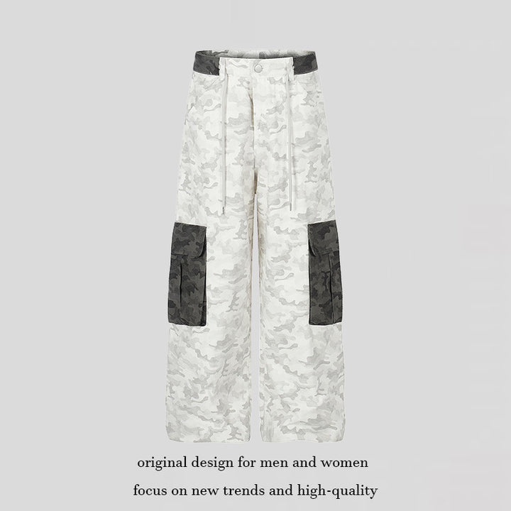 Women's Wide Cargo Pants with High Waist, Camouflage Print and Contrast Pockets Mune Fashion