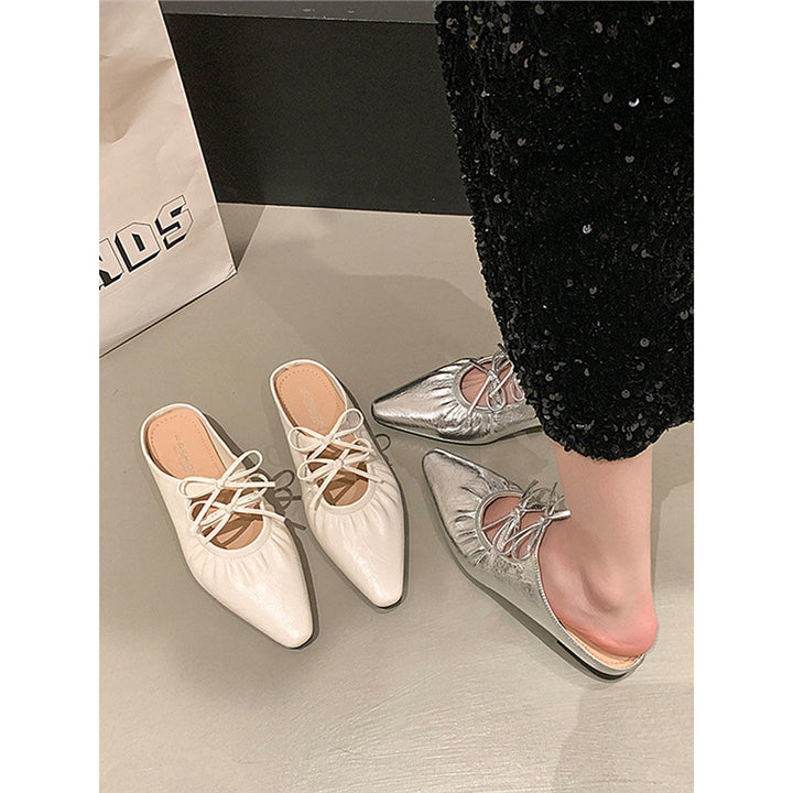 Women's pointed metallic mules with gathered forefoot and decorative lacing Mune Fashion