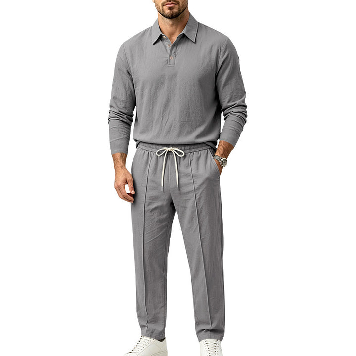 Men's Long Sleeve Polo Shirt and Relax Pants Set in Linen Look with Drawstring Mune Fashion