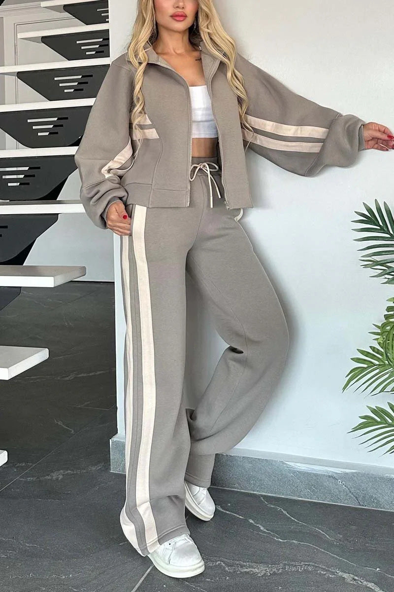 Women Two-Piece Sweat Set with Zipper Jacket and High-Waist Relaxed Jogging Pants Mune Fashion