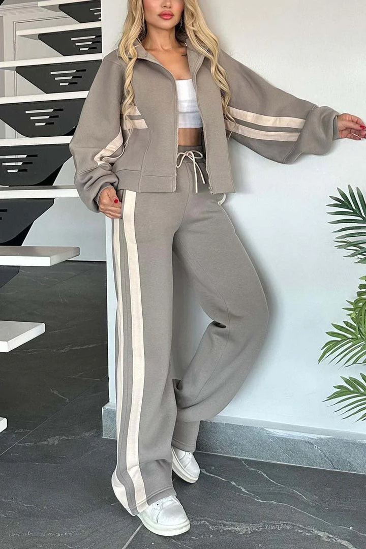 Women Two-Piece Sweat Set with Zipper Jacket and High-Waist Relaxed Jogging Pants Mune Fashion