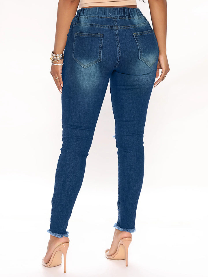 Ladies Skinny Jeggings with high elastic drawstring waistband and destroyed details Mune Fashion