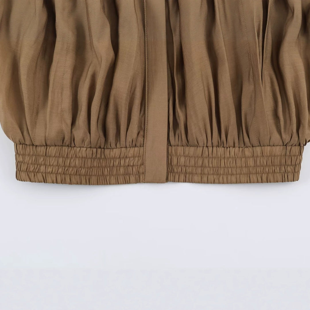 Women's Light Pleated Blouson Jacket with Stand-up Collar and Smocked Waist Mune Fashion