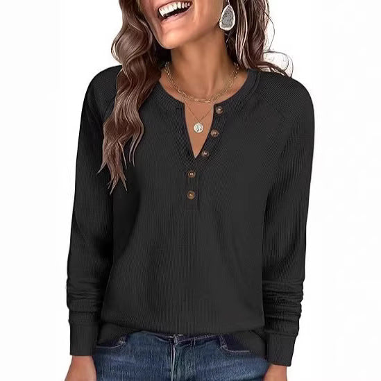 Ladies Waffle Knit Henley Long Sleeve with Button Placket, Raglan Sleeves and Ribbed Cuffs Mune Fashion