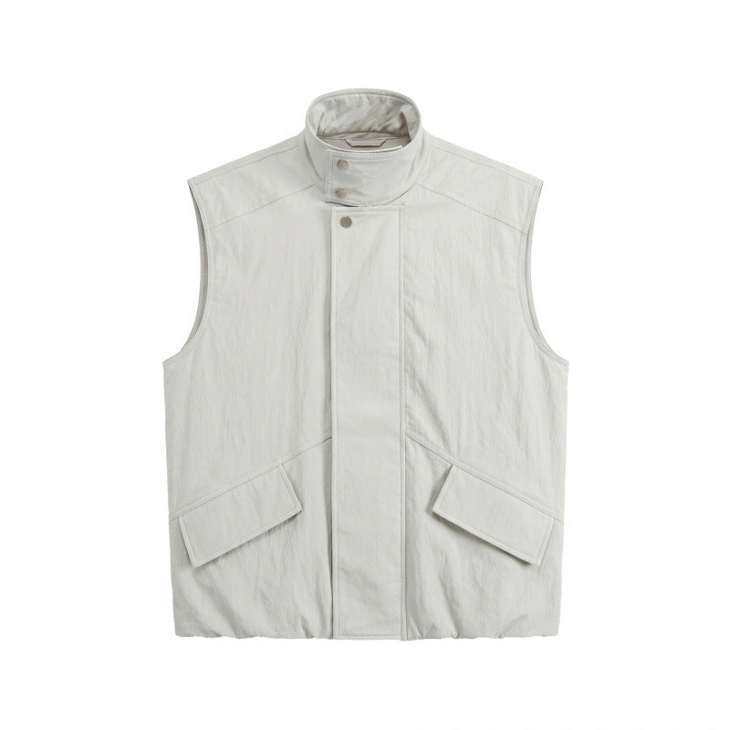 Unisex Boxy Padded Sleeveless Vest with High Stand-Up Collar, Hidden Snap Button Placket and Flap Pockets Mune Fashion