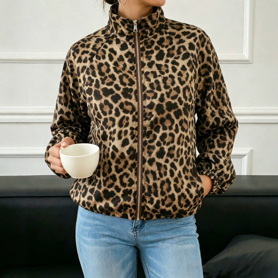 Women's Loose Bomber Jacket in Animal Print with Stand Collar and Elastic Cuffs Mune Fashion