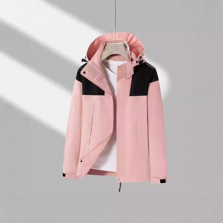 Men's lightweight softshell jacket with contrasting shoulder panel, adjustable hood, and Velcro cuffs Mune Fashion