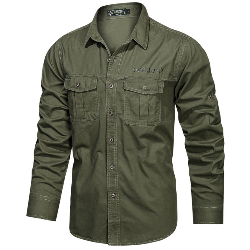 Men's robust utility shirt with double chest pockets and arm roll tab