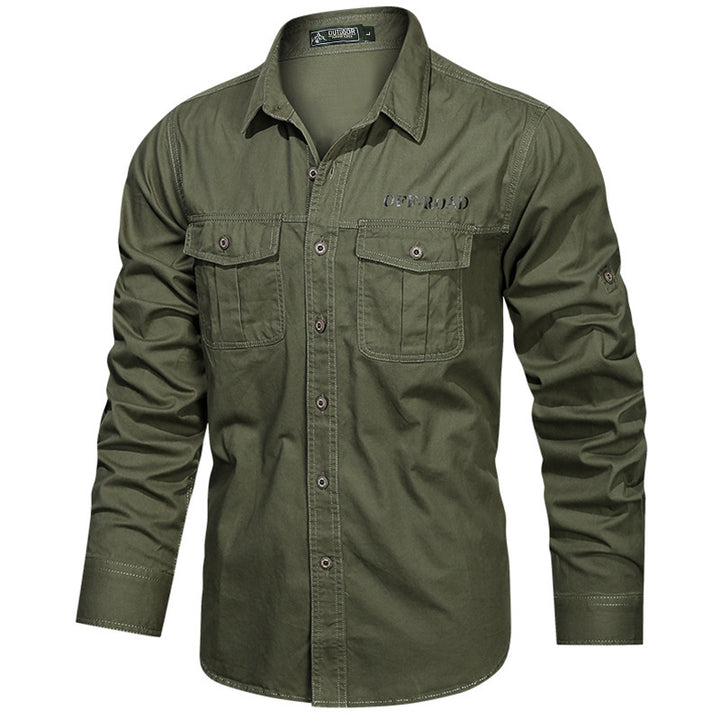 Men's robust utility shirt with double chest pockets and arm roll tab