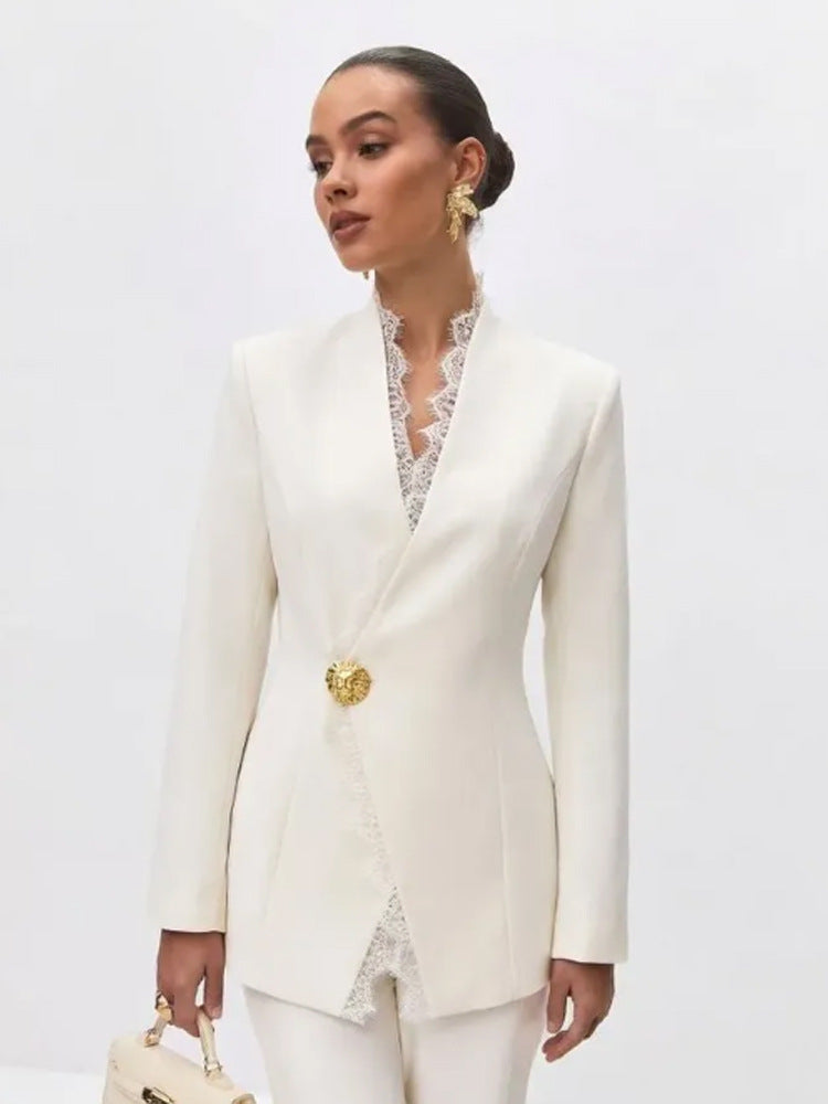 Women's Tailored Blazer with Lace Trim and Decorative Button Mune Fashion