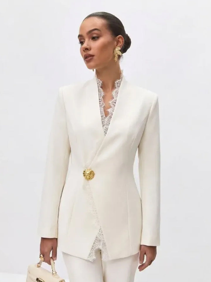Women's Tailored Blazer with Lace Trim and Decorative Button Mune Fashion
