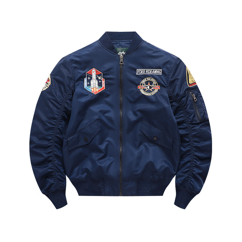 Men's  vintage-inspired mission patch flight bomber with utility sleeve pocket Mune Fashion